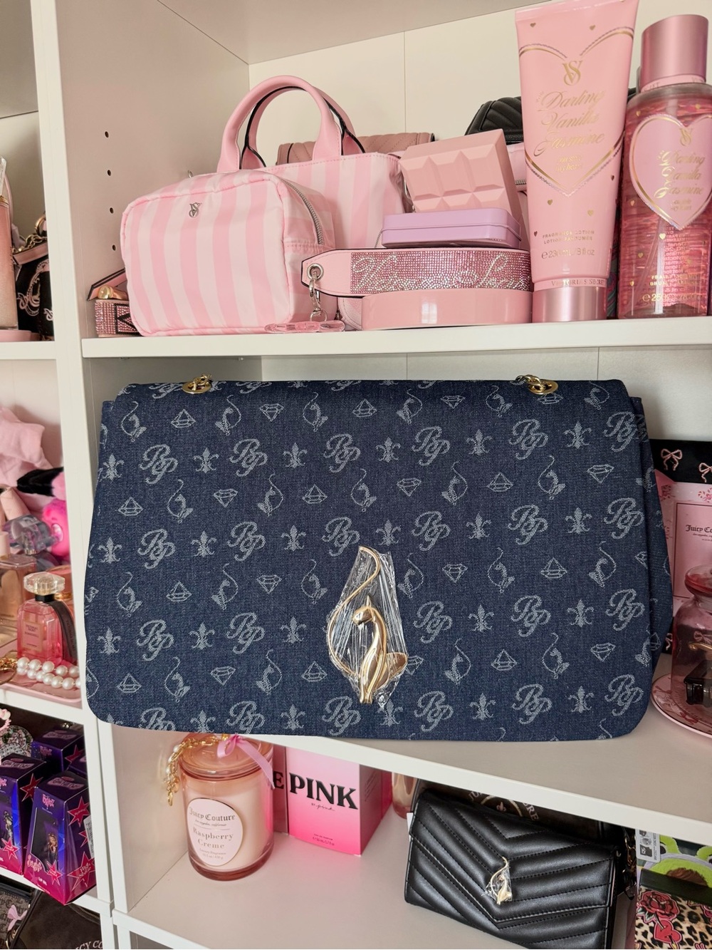 Baby Phat Navy Blue Logo Denim Large Tote with Gold Accent